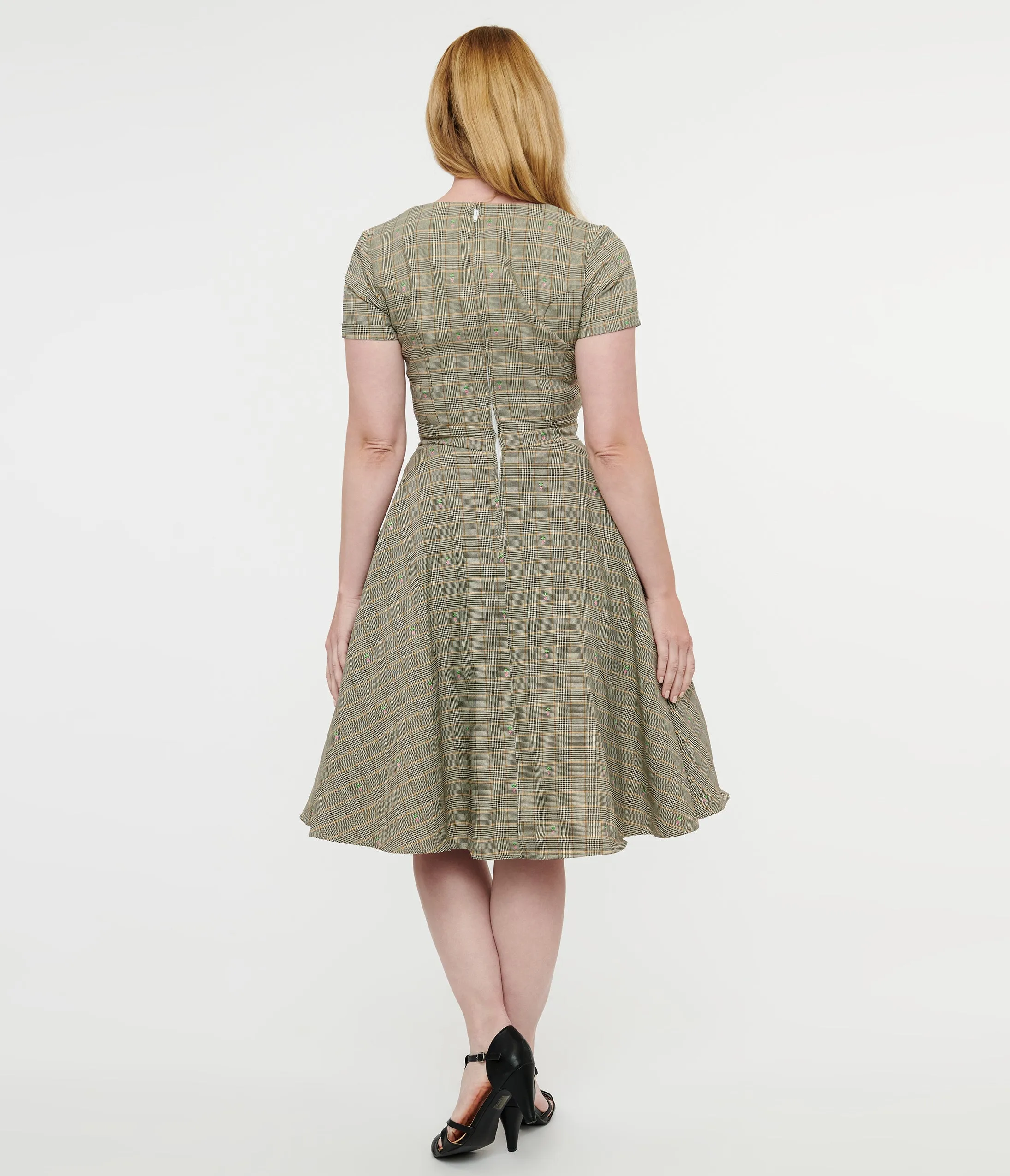 1950s Beige Plaid & Pink Floral Swing Dress