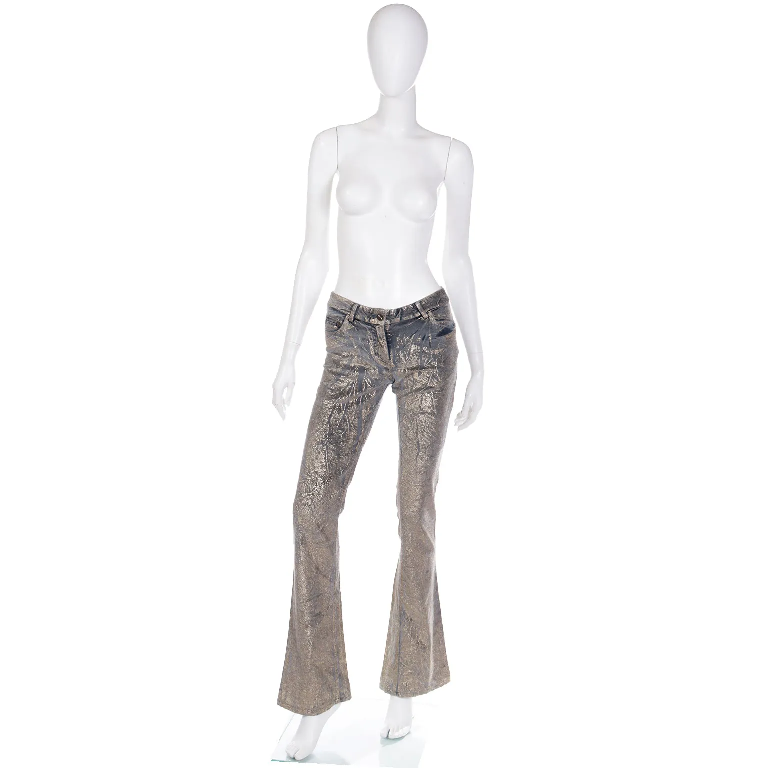 2000s Roberto Cavalli Gold Painted Grey Stretch Cotton Velvet Jeans