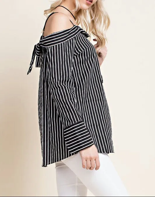 Black And White Stripe Off The Shoulder Blouses