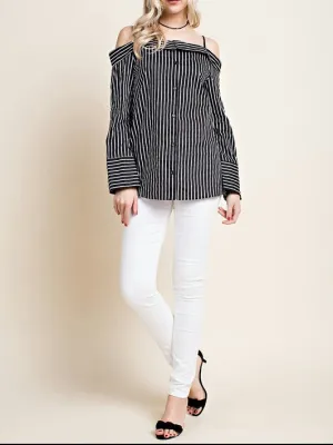 Black And White Stripe Off The Shoulder Blouses