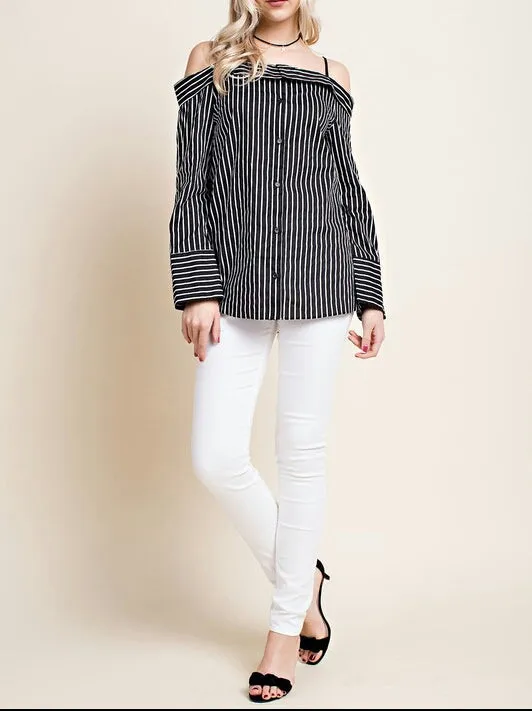 Black And White Stripe Off The Shoulder Blouses