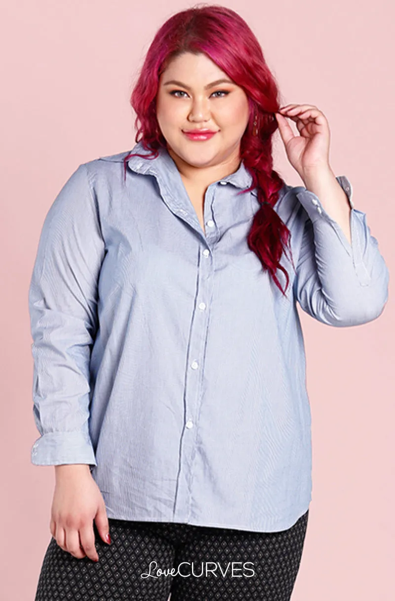 Boyfriend Button Down Shirt - Dark Blue Stripes