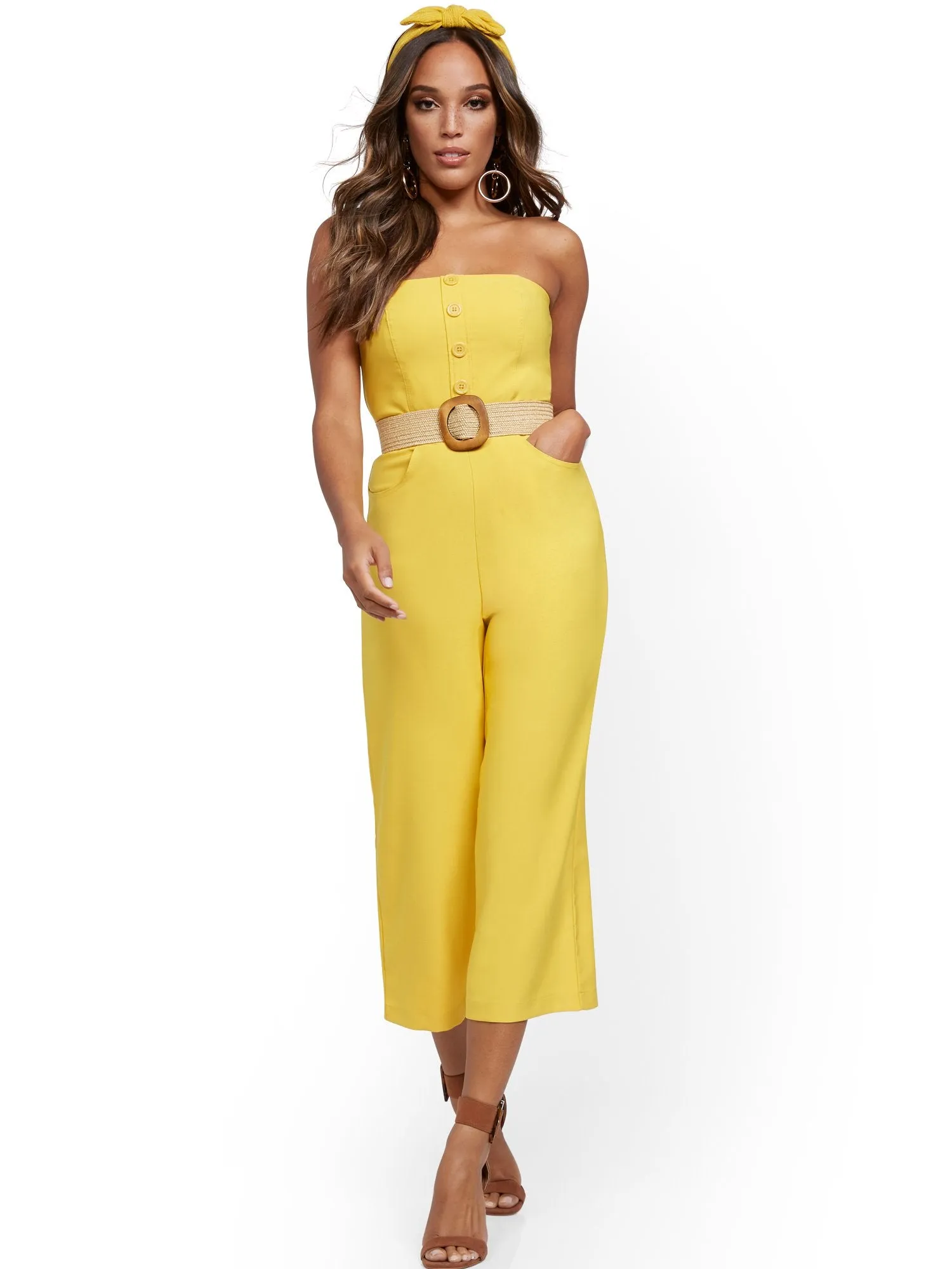 Button-Front Strapless Jumpsuit