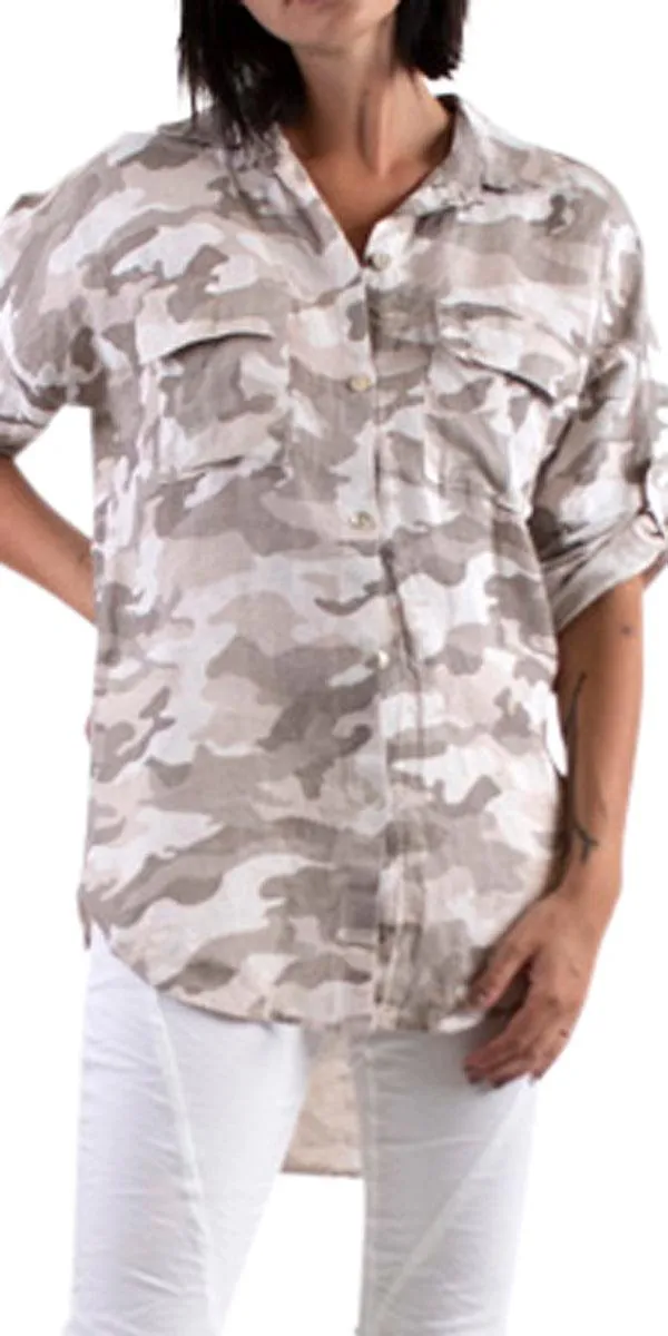 Camo Linen Button Down Top