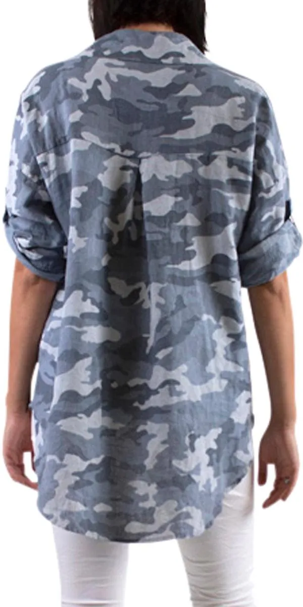 Camo Linen Button Down Top