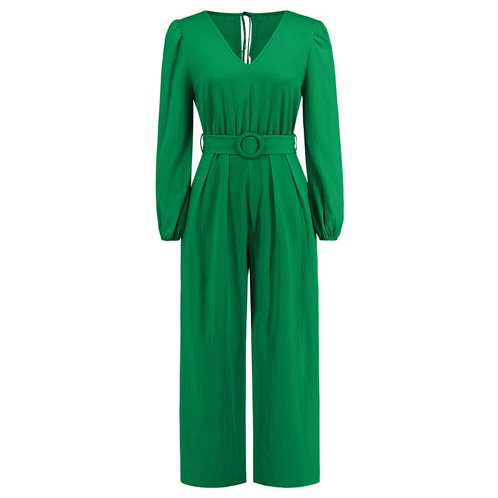 Casual Solid Color V-neck Long Sleeve Slim-fit Jumpsuit