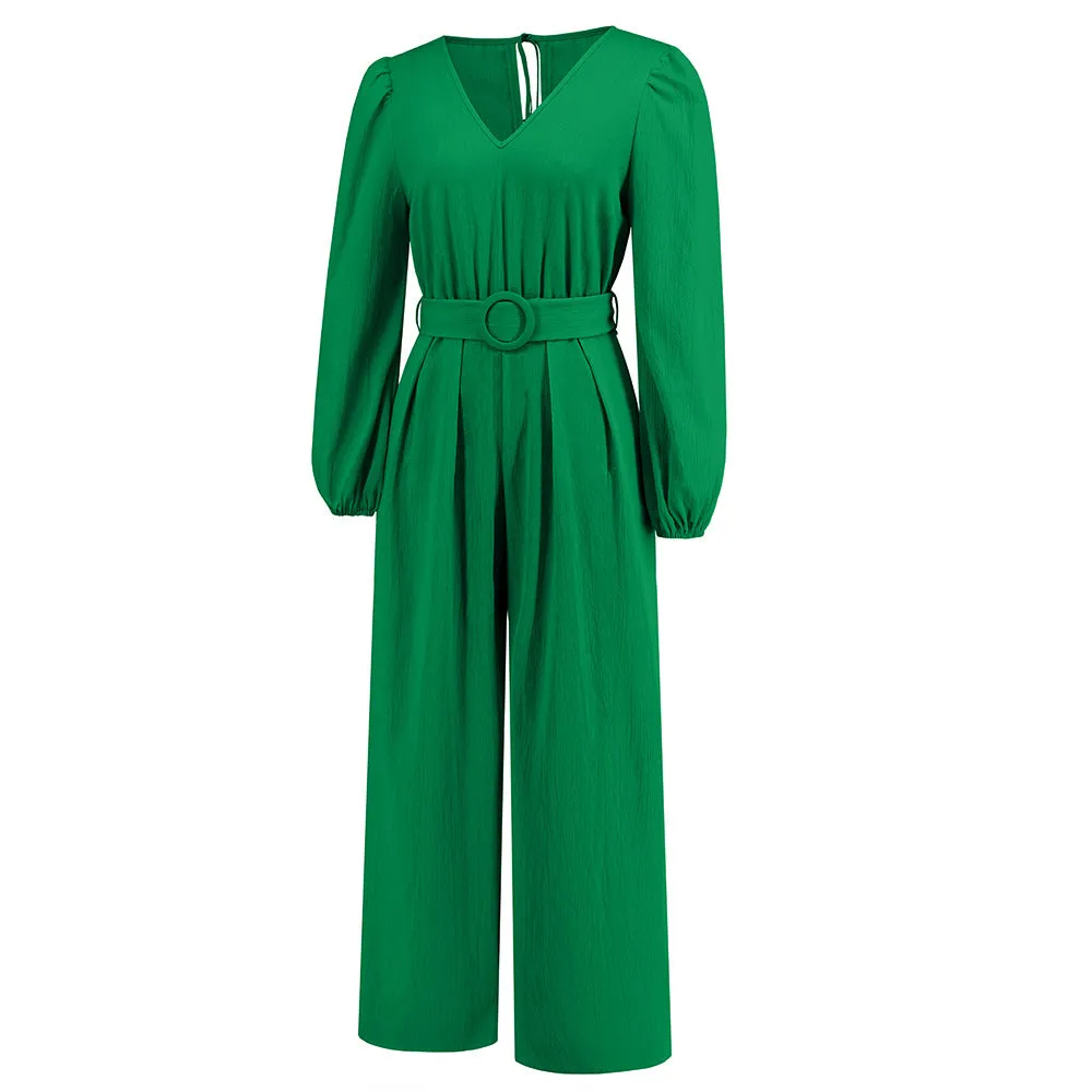 Casual Solid Color V-neck Long Sleeve Slim-fit Jumpsuit