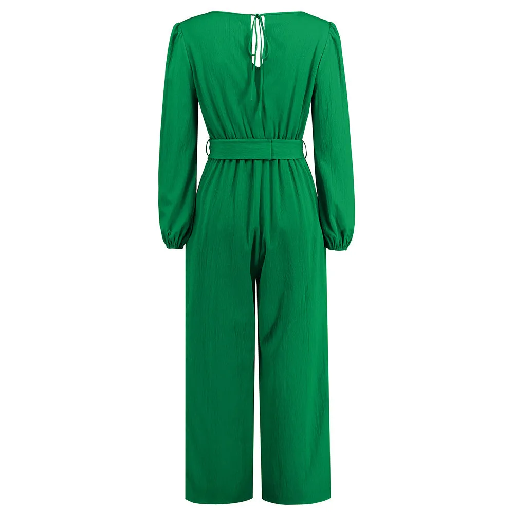 Casual Solid Color V-neck Long Sleeve Slim-fit Jumpsuit