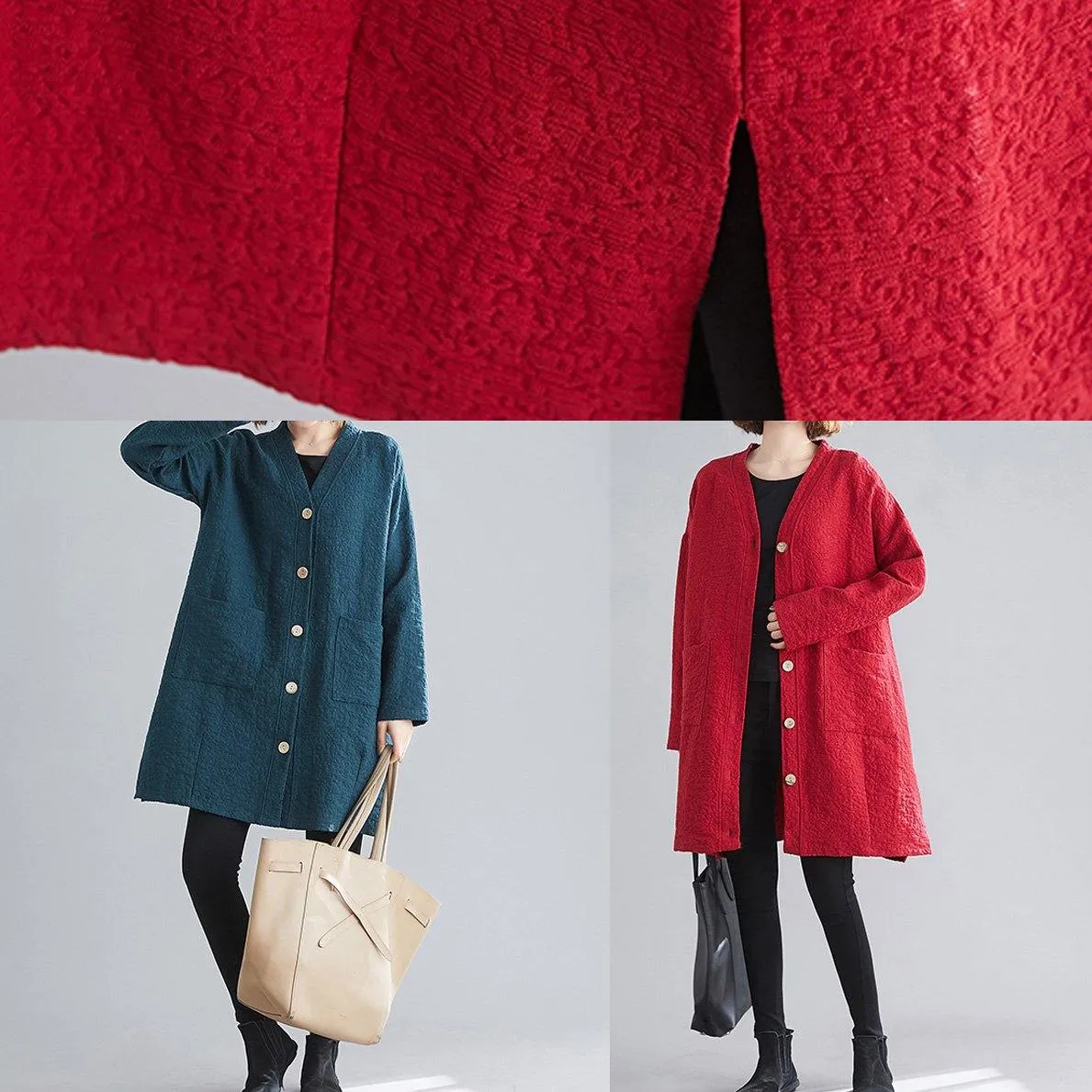 Classy v neck Button Fine Coats Women red daily outwear