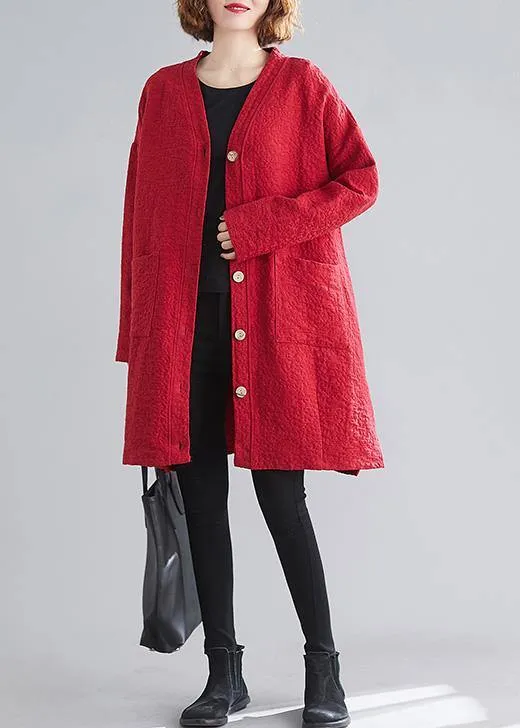 Classy v neck Button Fine Coats Women red daily outwear