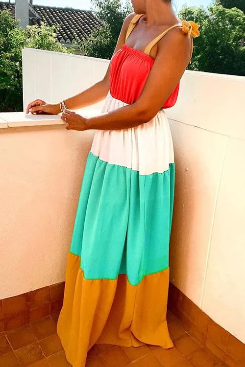 Color Block Bow Tie Maxi Dress