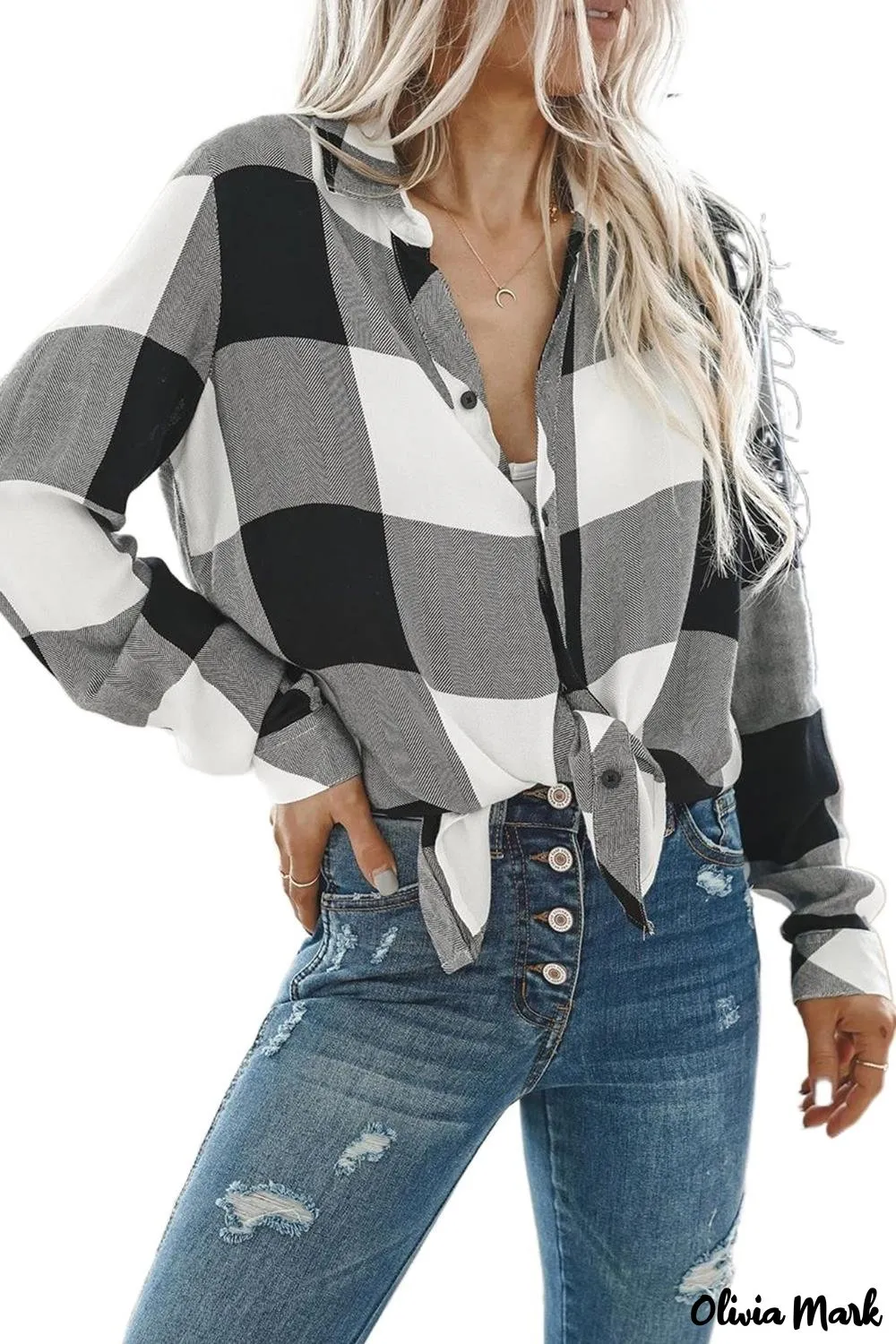 Deanwangkt - Black Plaid Turndown Collar Button Down Blouse with High/Low Hem