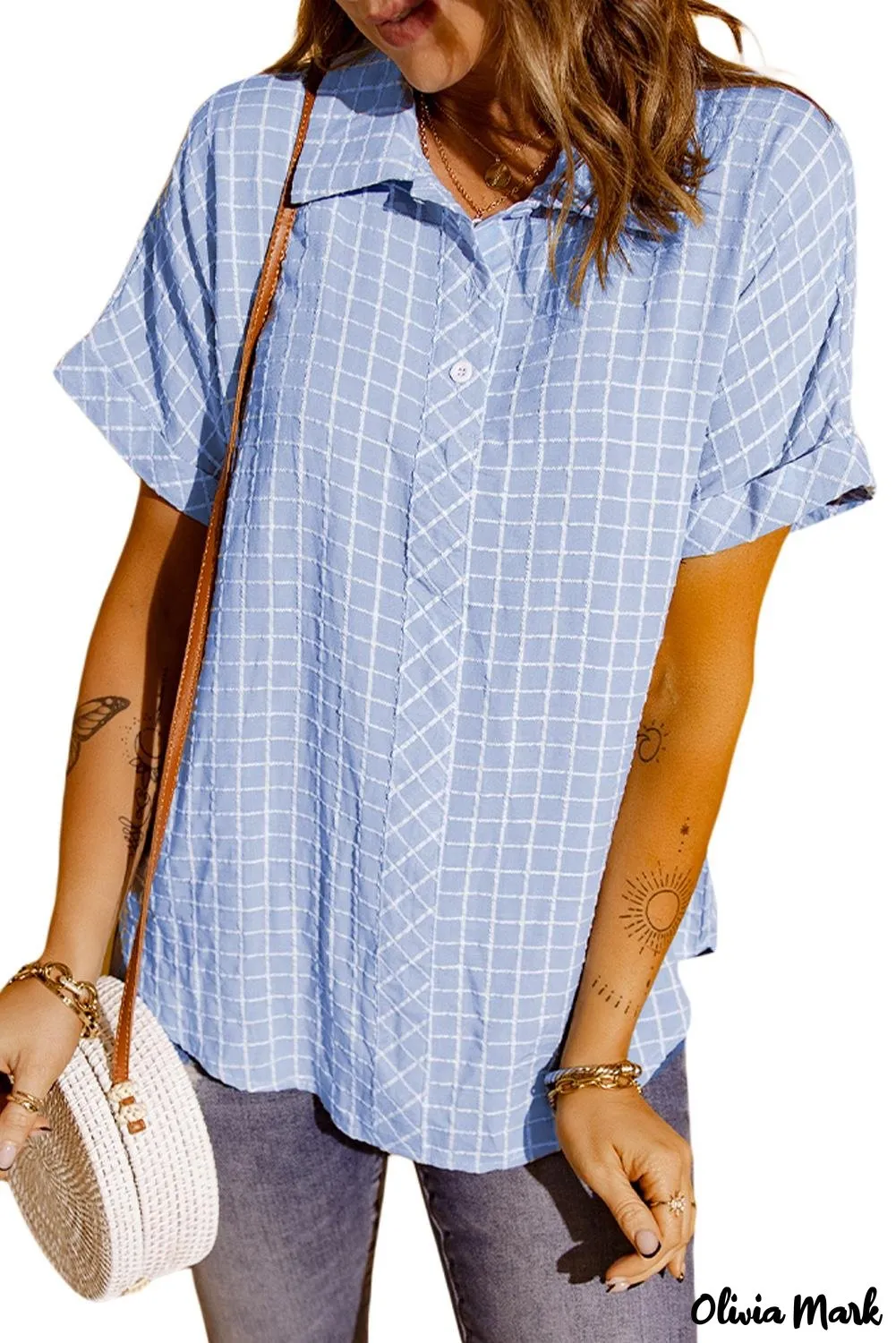 Deanwangkt - Sky Blue Check Rolled Short Sleeve Button Down Shirt