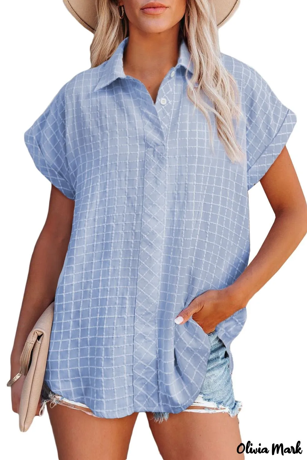 Deanwangkt - Sky Blue Check Rolled Short Sleeve Button Down Shirt