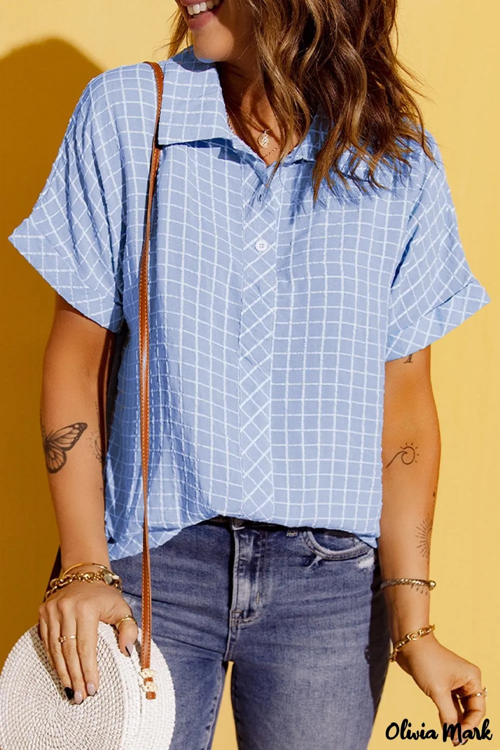 Deanwangkt - Sky Blue Check Rolled Short Sleeve Button Down Shirt