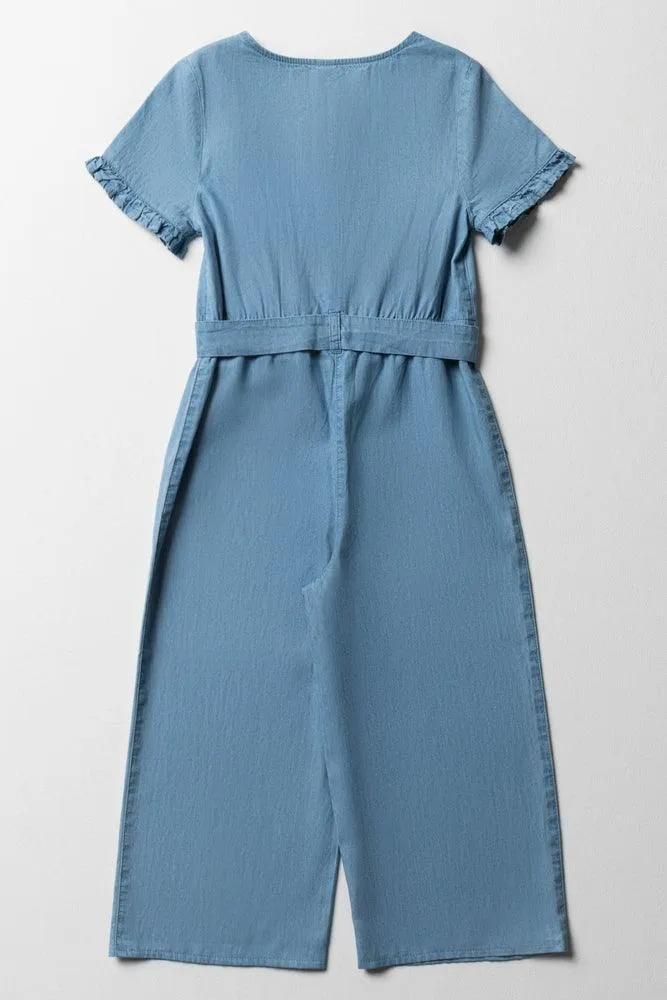 Denim Belted Jumpsuit With Frill Sleeves Blue