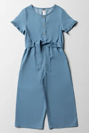 Denim Belted Jumpsuit With Frill Sleeves Blue