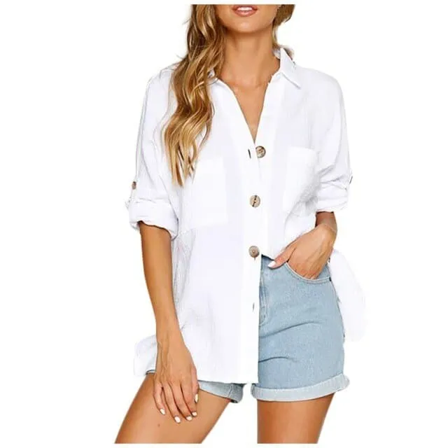 DressBetty - Fashion Women Loose Solid Color Turndown Collar Button Blouses Casual Autumn Cotton Linen Long-Sleeved Shirt