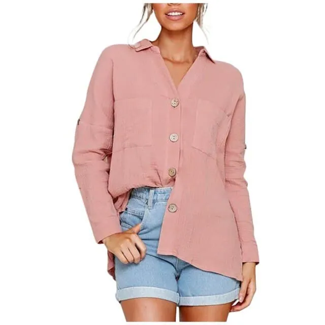 DressBetty - Fashion Women Loose Solid Color Turndown Collar Button Blouses Casual Autumn Cotton Linen Long-Sleeved Shirt