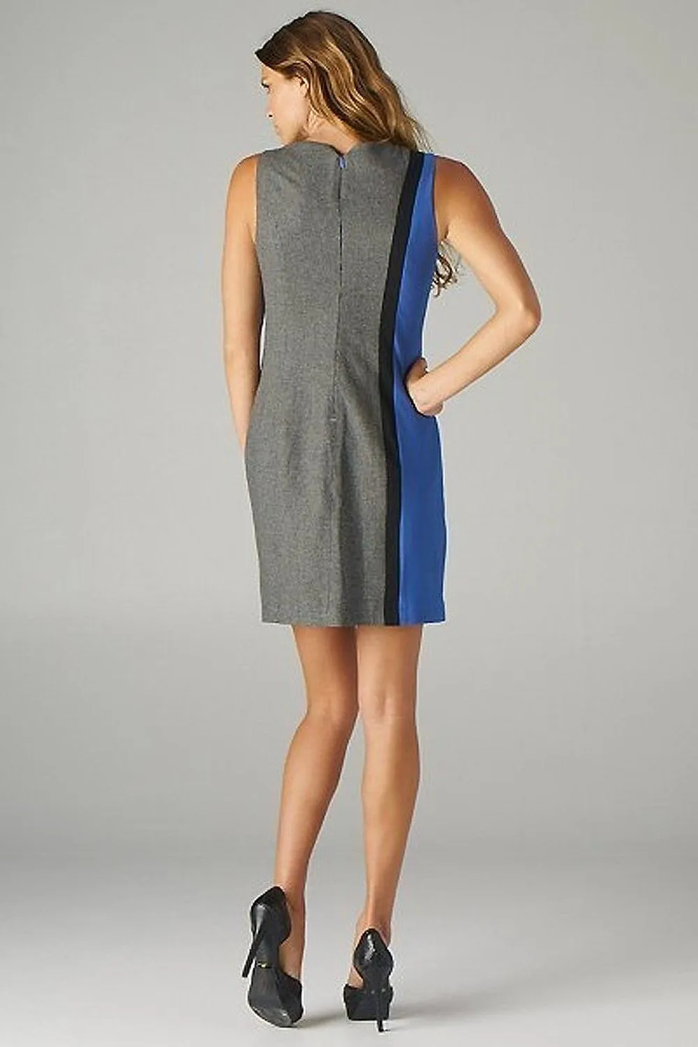 Esley Blue Grey Colorblock Sleeveless Mod Inspired Trendy Shift Dress