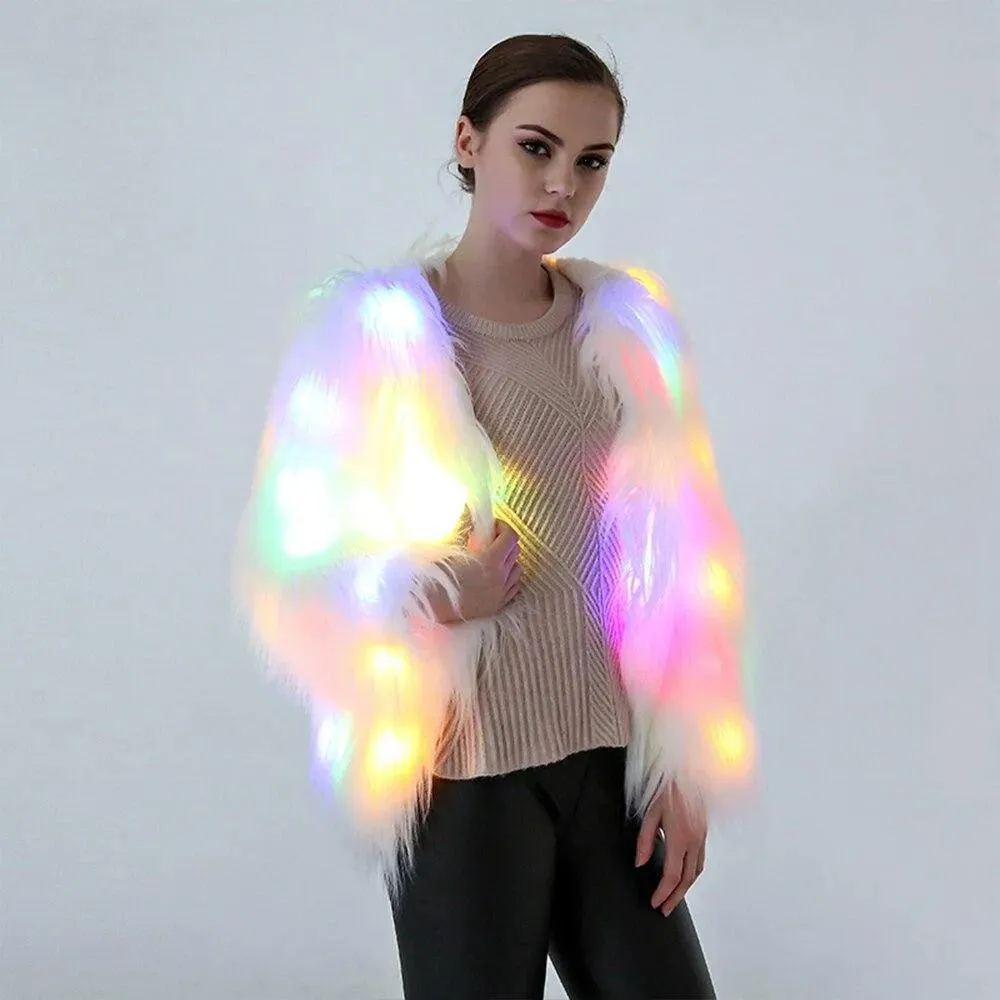 Faux Fur LED Light Up Party Coat: Up to 6XL Women's Festival, Clubbing, Party Jacket