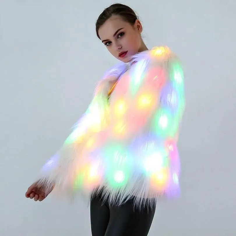 Faux Fur LED Light Up Party Coat: Up to 6XL Women's Festival, Clubbing, Party Jacket