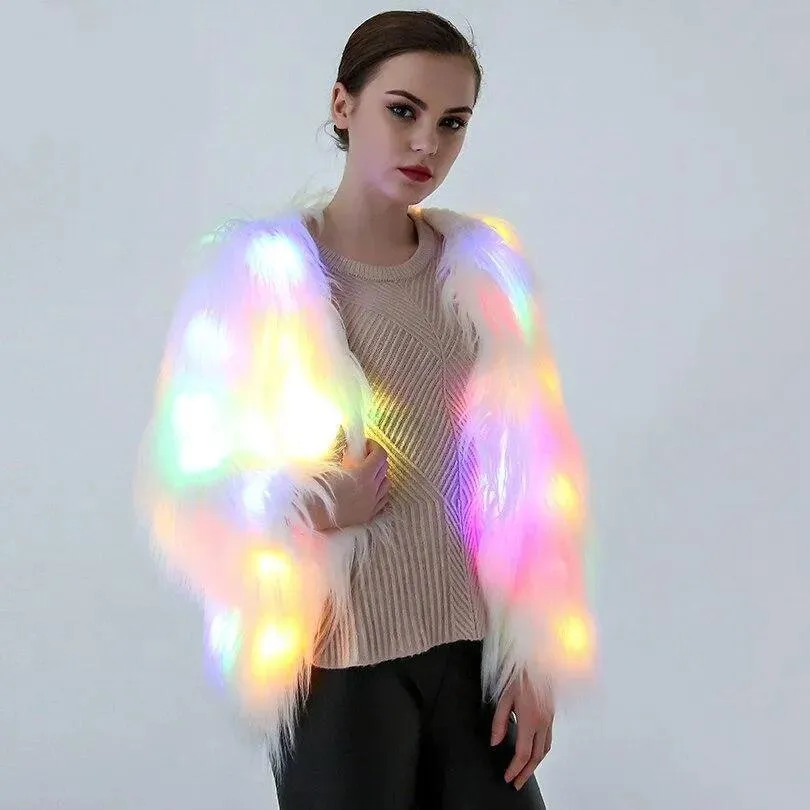 Faux Fur LED Light Up Party Coat: Up to 6XL Women's Festival, Clubbing, Party Jacket