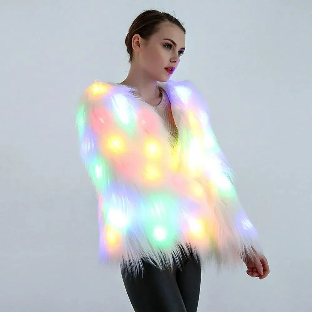 Faux Fur LED Light Up Party Coat: Up to 6XL Women's Festival, Clubbing, Party Jacket