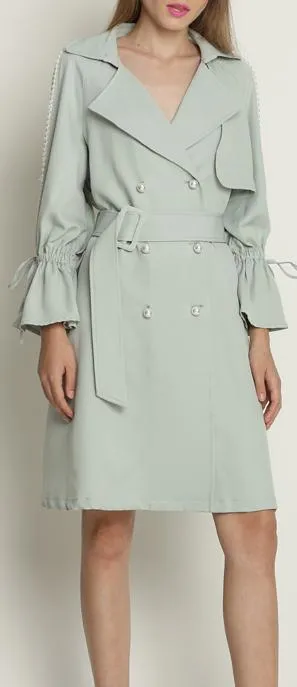 Faux-Pearl-Embellished Cotton Trench Coat - Mint Green or Black