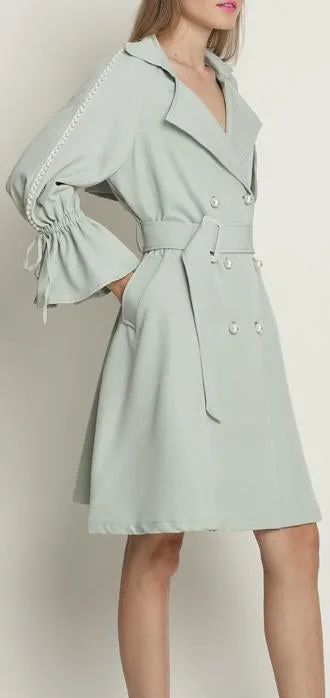 Faux-Pearl-Embellished Cotton Trench Coat - Mint Green or Black