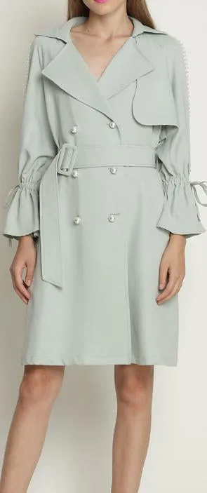 Faux-Pearl-Embellished Cotton Trench Coat - Mint Green or Black