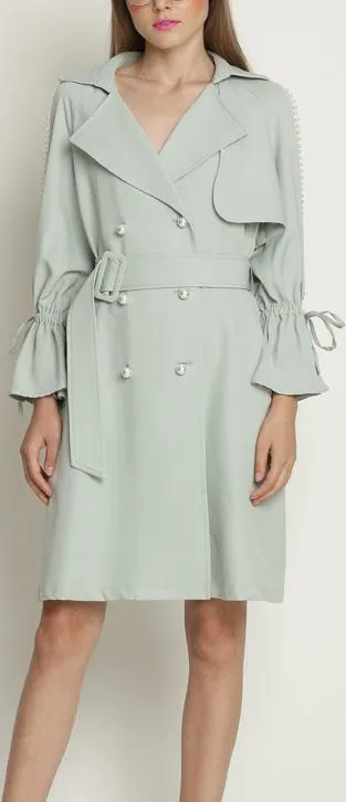 Faux-Pearl-Embellished Cotton Trench Coat - Mint Green or Black