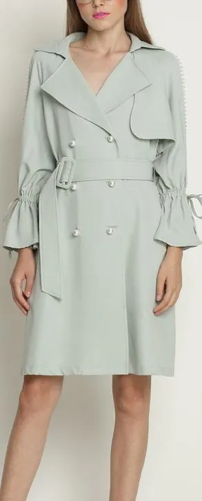 Faux-Pearl-Embellished Cotton Trench Coat - Mint Green or Black