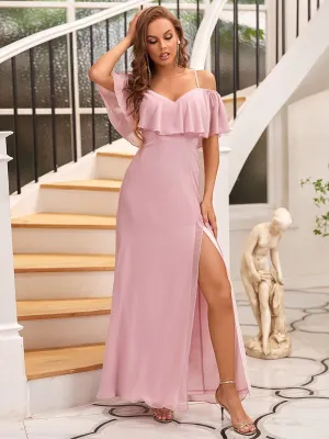 Floor-Length Cold Shoulder Ruffle Bridesmaid Dress