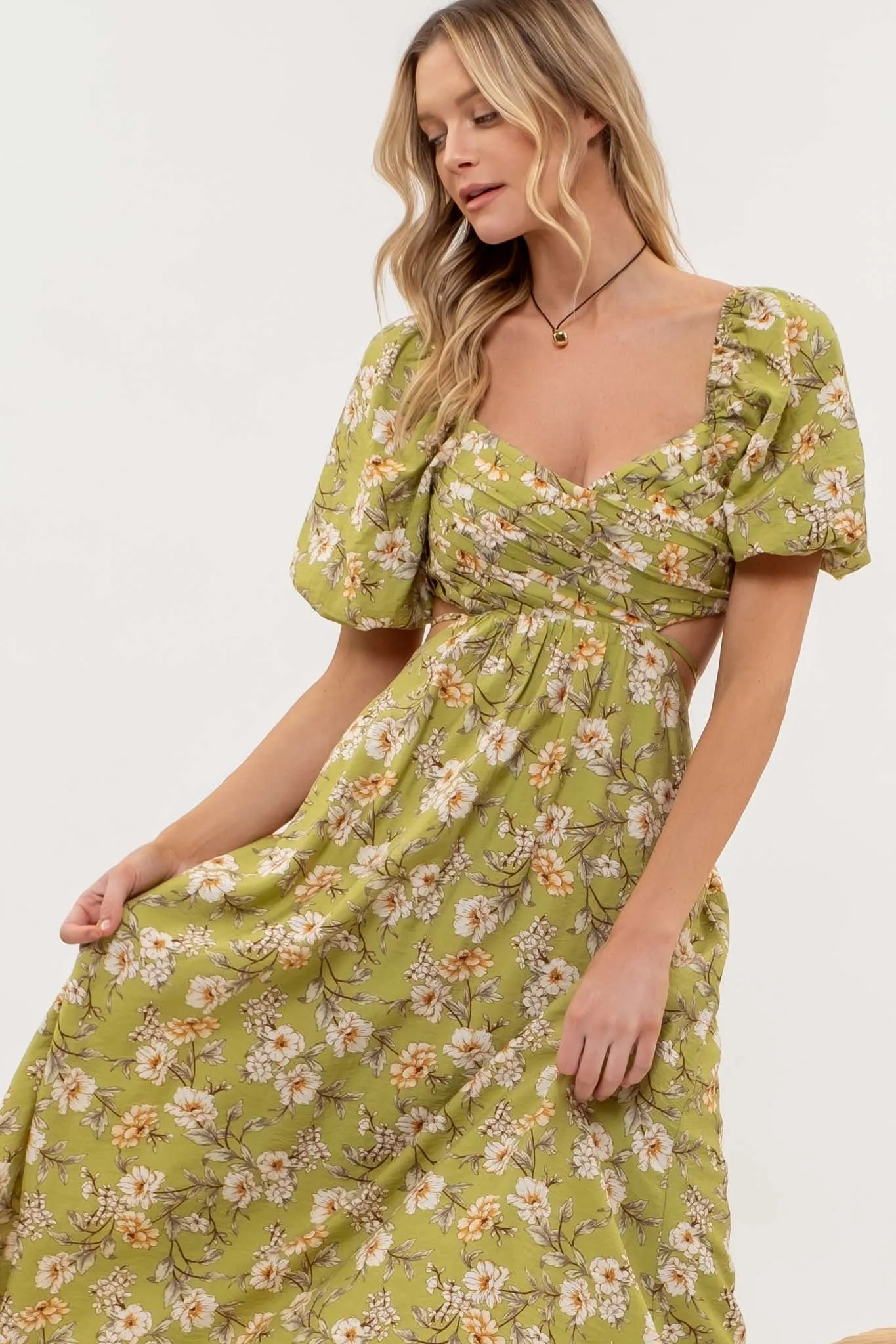 Floral Puff Sleeve Cutout Midi Dress