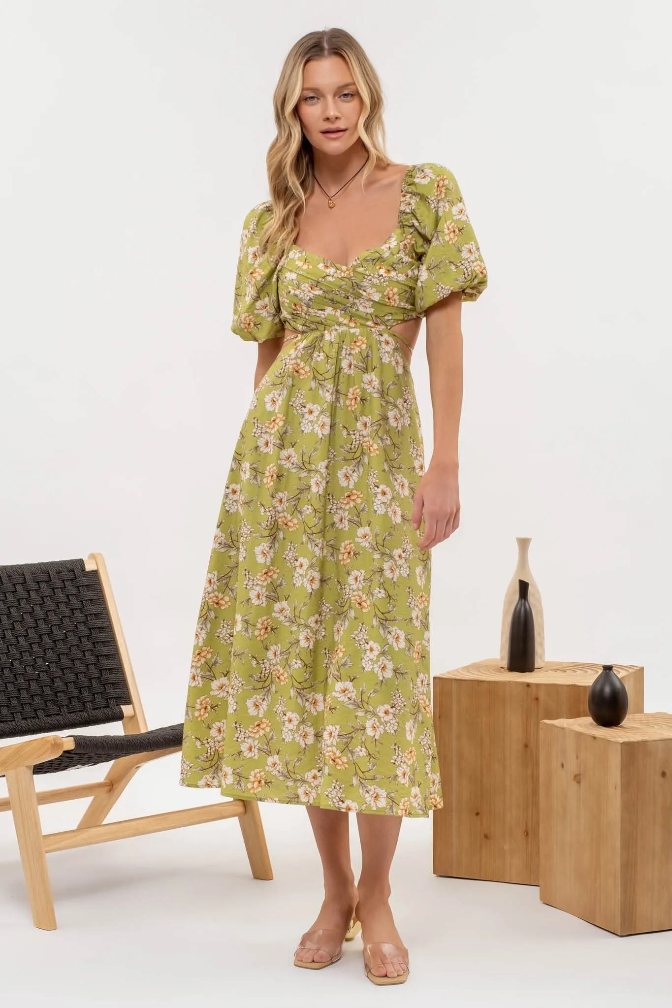 Floral Puff Sleeve Cutout Midi Dress