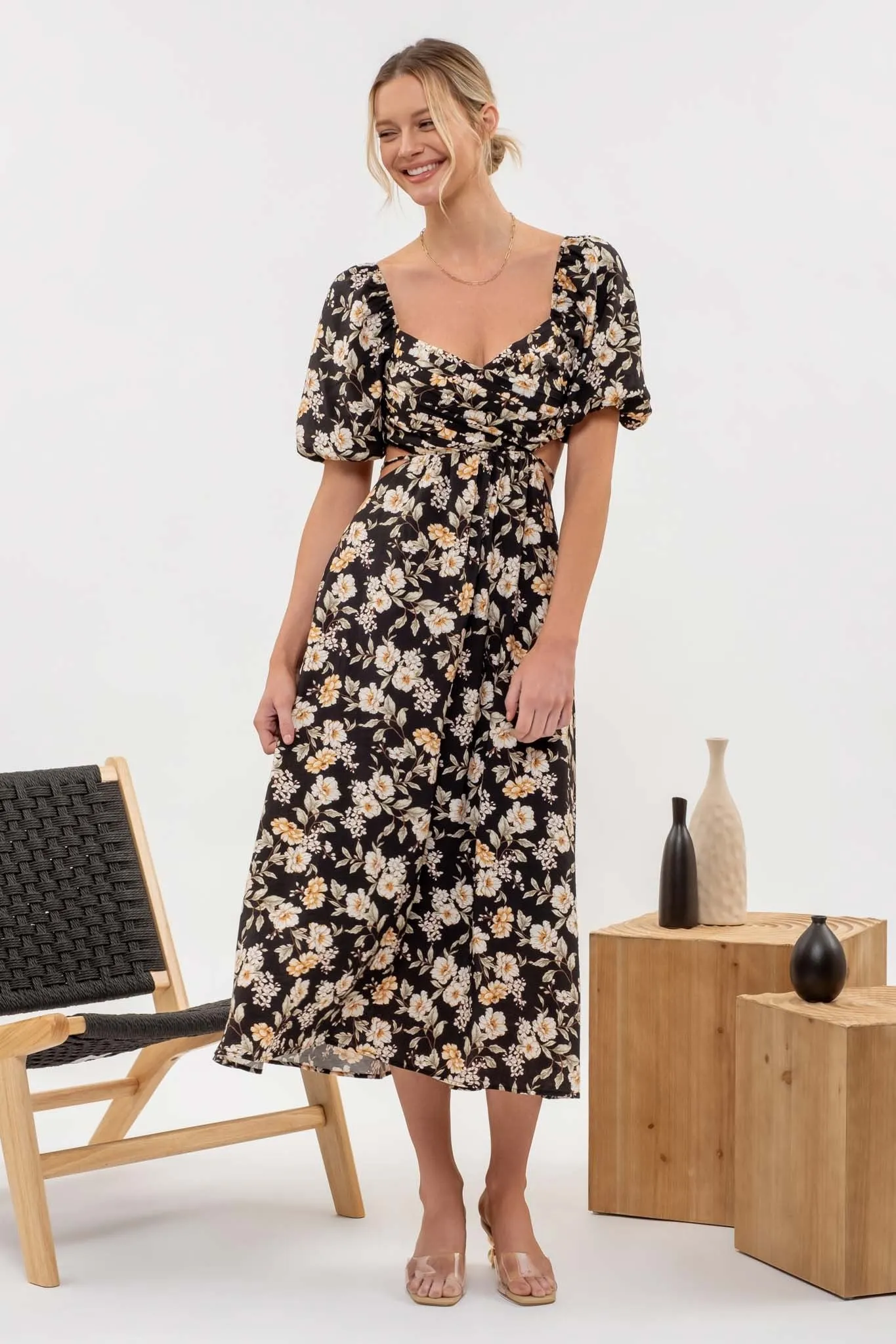 Floral Puff Sleeve Cutout Midi Dress