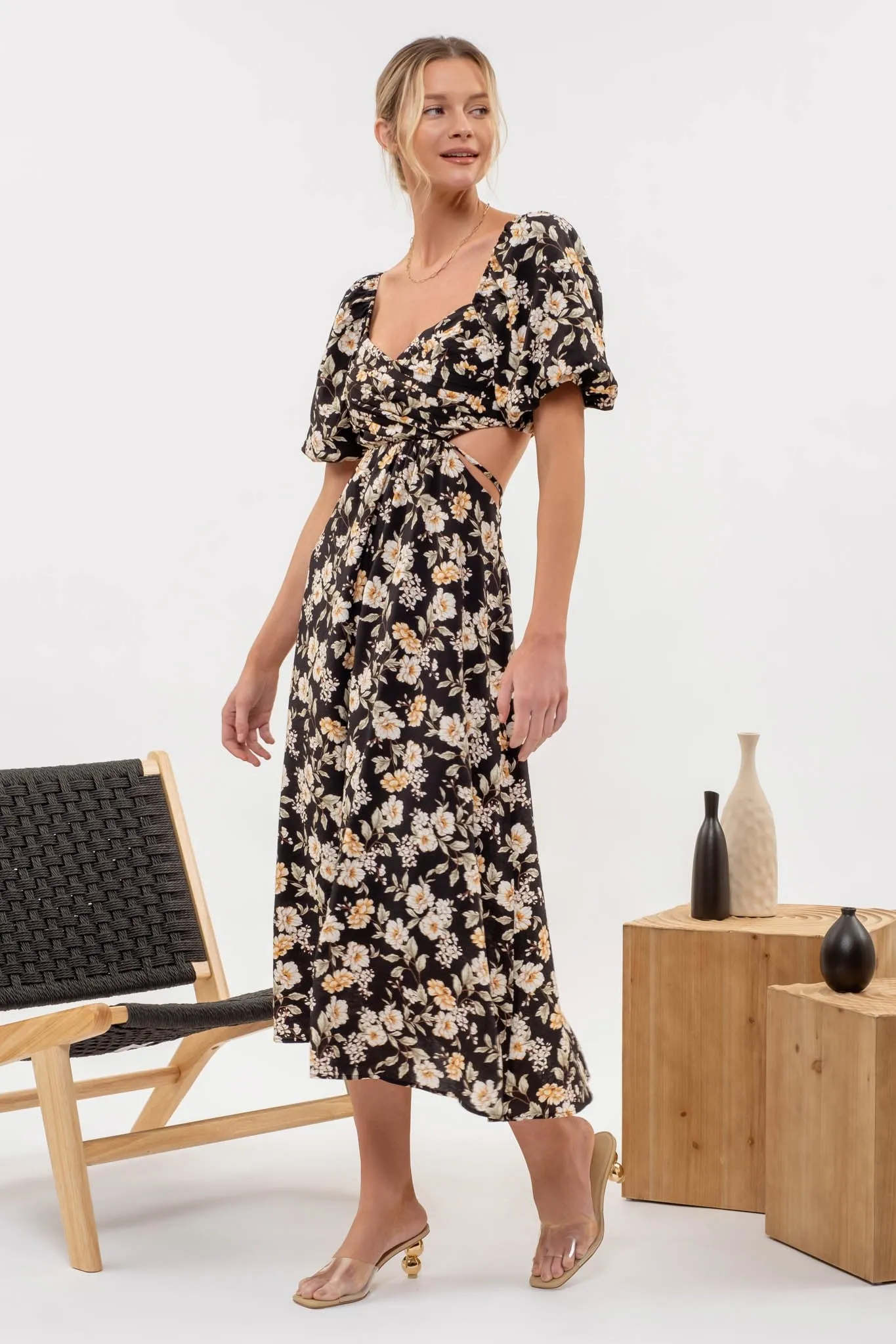 Floral Puff Sleeve Cutout Midi Dress