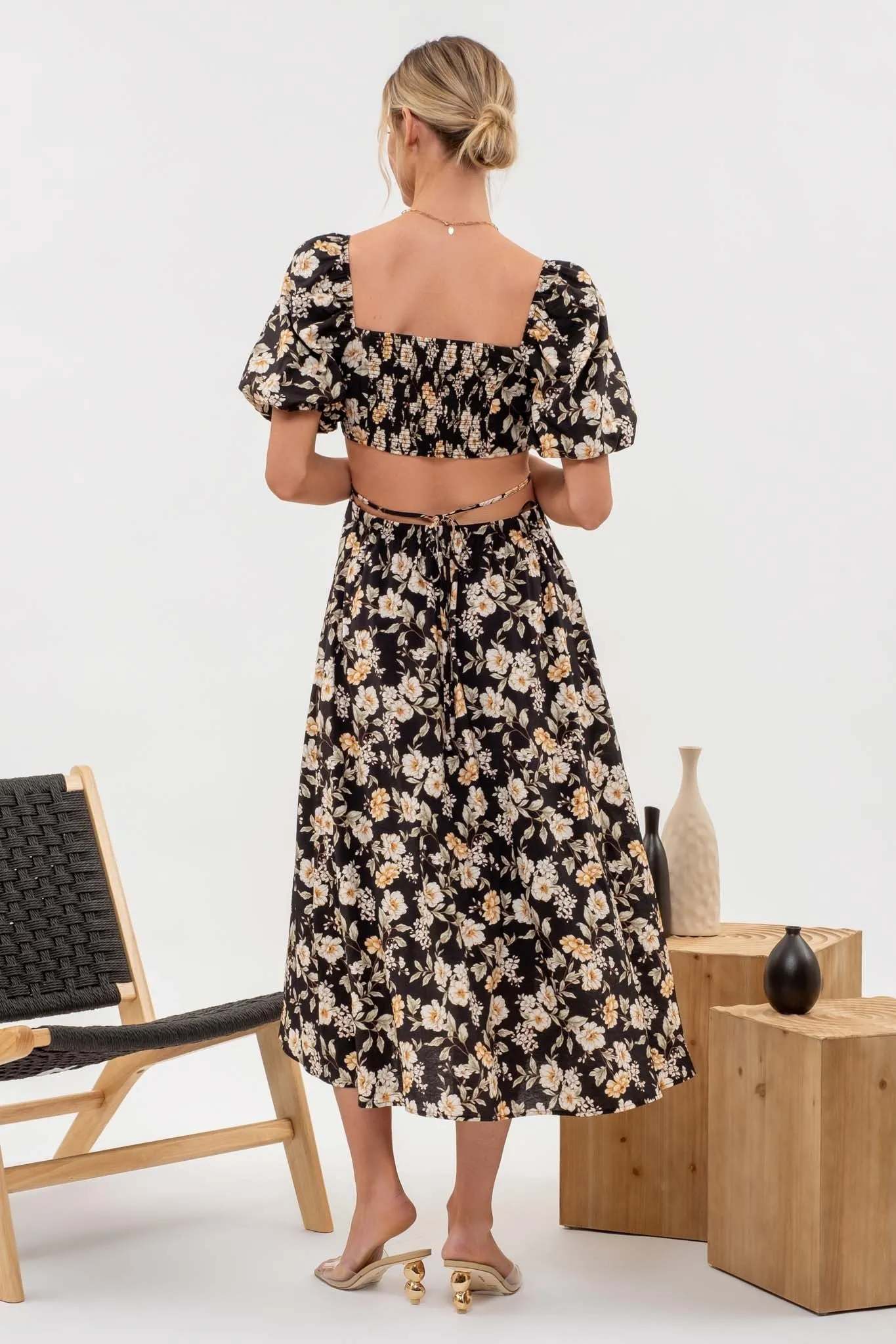 Floral Puff Sleeve Cutout Midi Dress