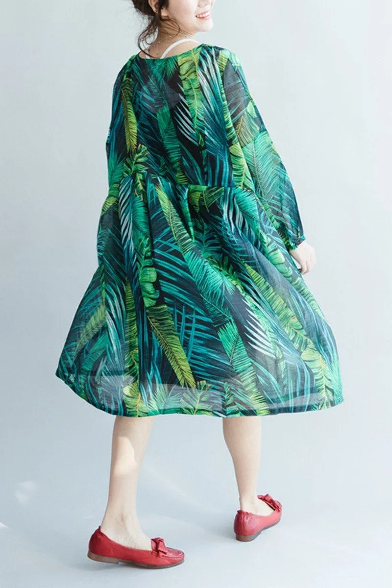 Green Palm Leaves Long Sleeve Chiffon Dresses Maxi Dresses Oversize