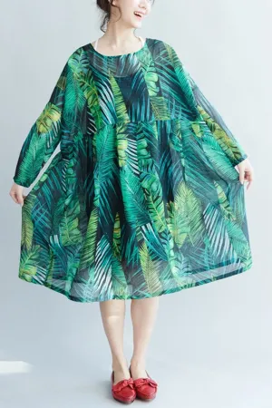 Green Palm Leaves Long Sleeve Chiffon Dresses Maxi Dresses Oversize