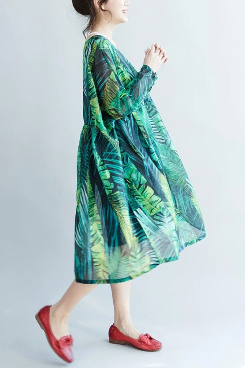 Green Palm Leaves Long Sleeve Chiffon Dresses Maxi Dresses Oversize