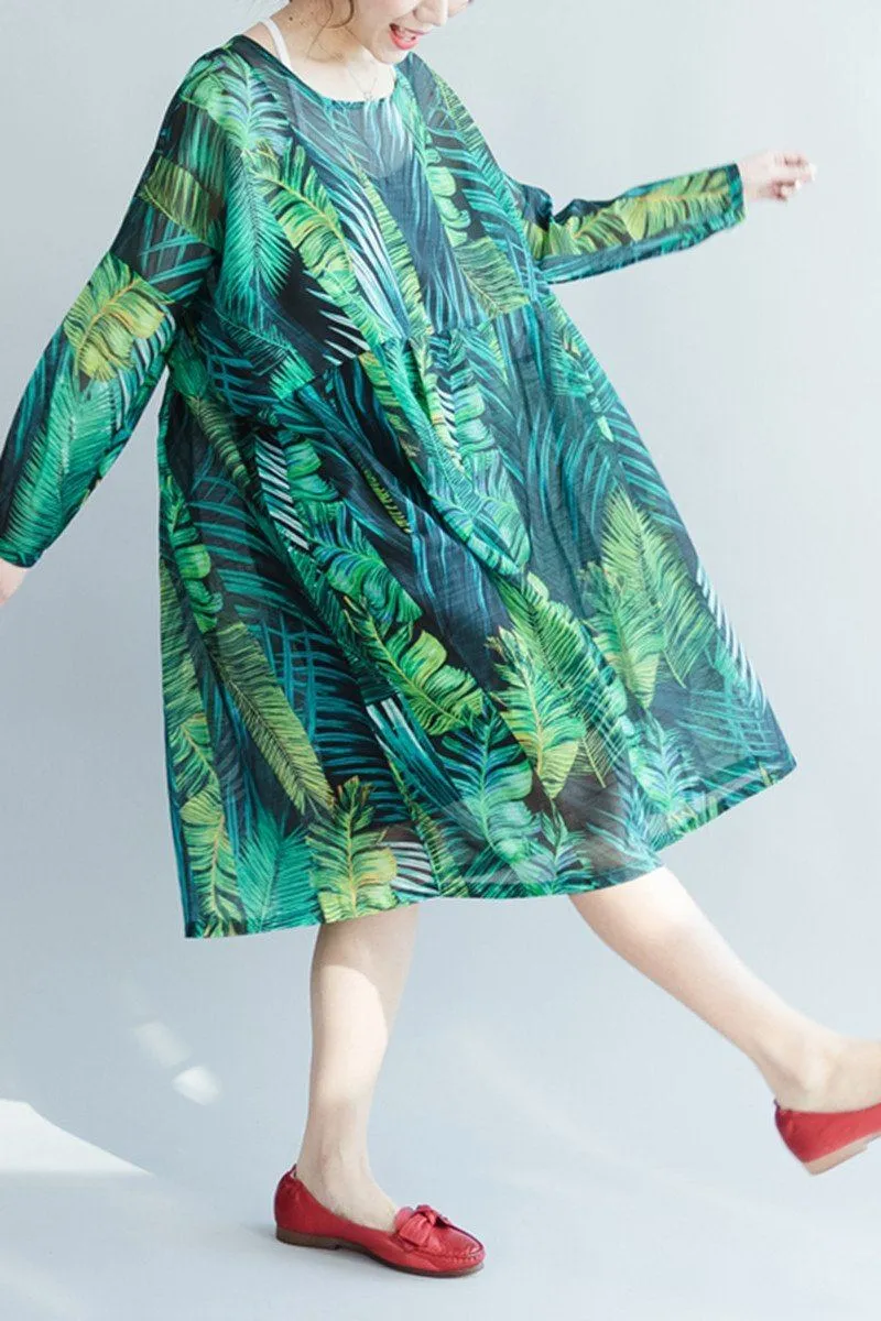 Green Palm Leaves Long Sleeve Chiffon Dresses Maxi Dresses Oversize