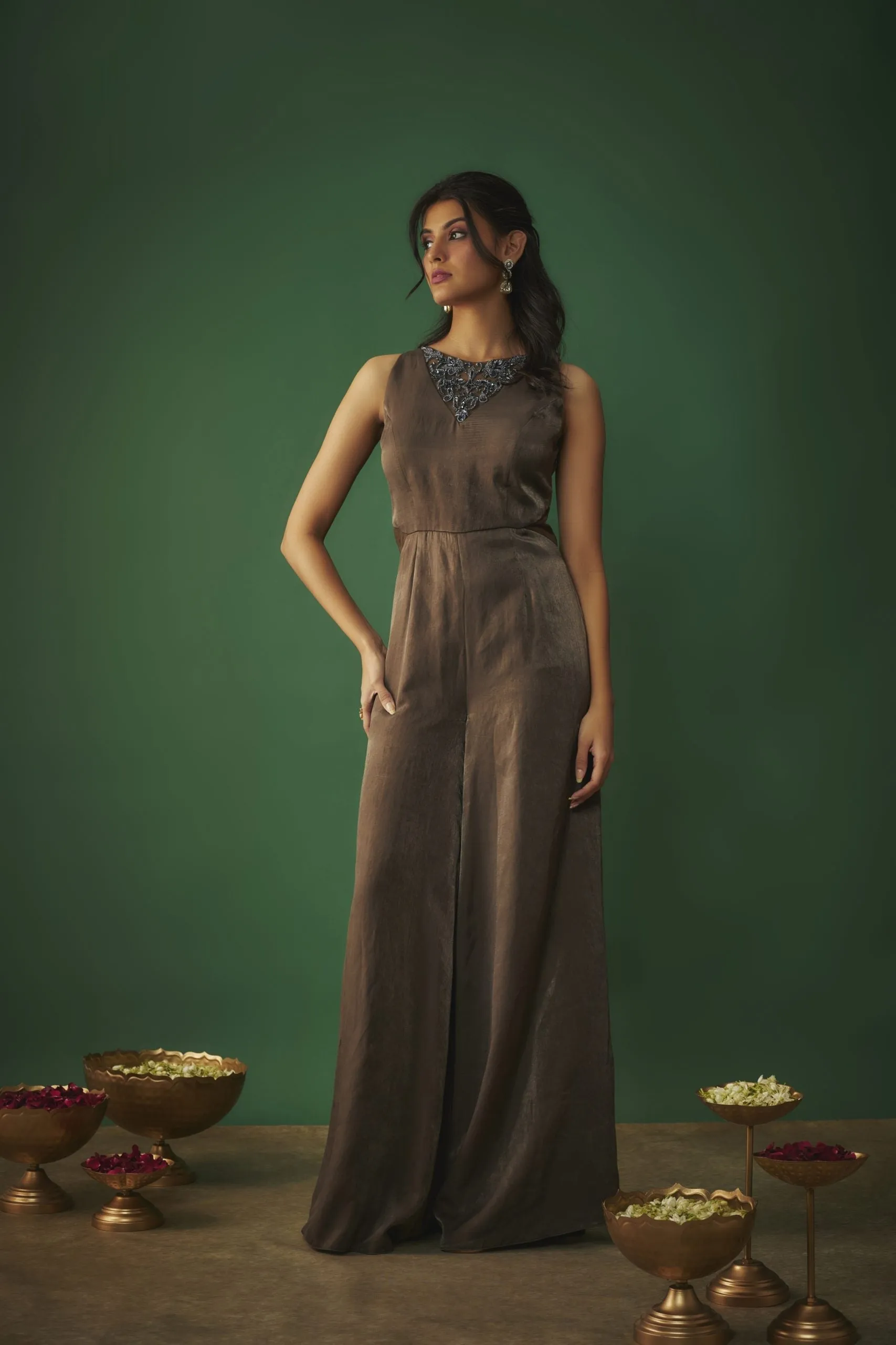 GREY FLARED JUMPSUIT WITH EMBROIDERED NECK