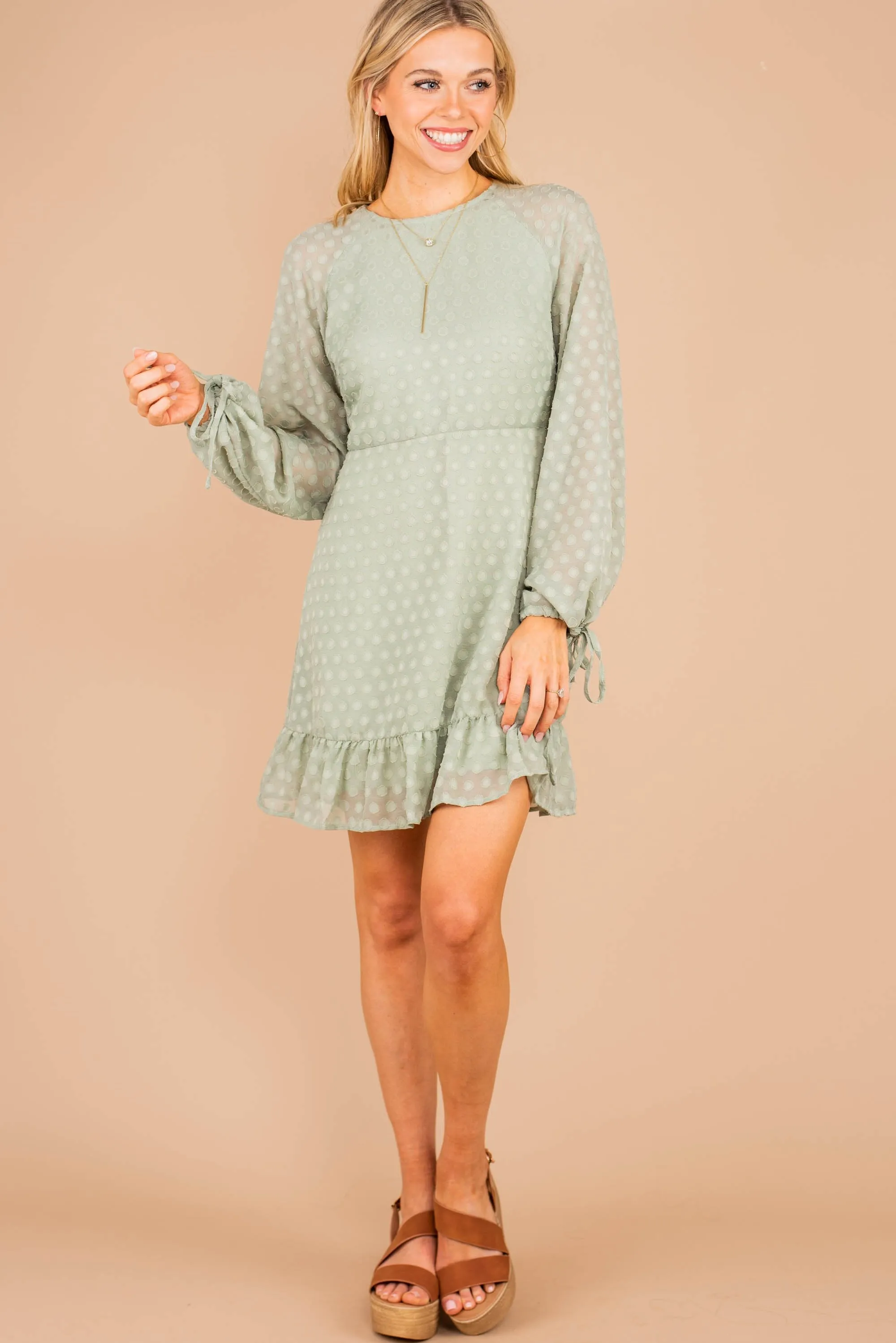 Hold You Dear Sage Green Swiss Dot Dress