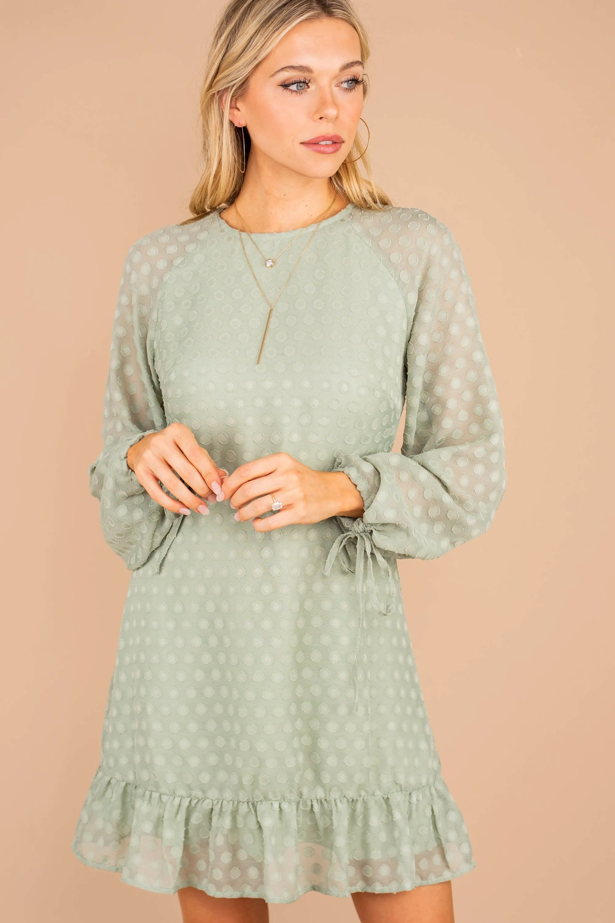 Hold You Dear Sage Green Swiss Dot Dress