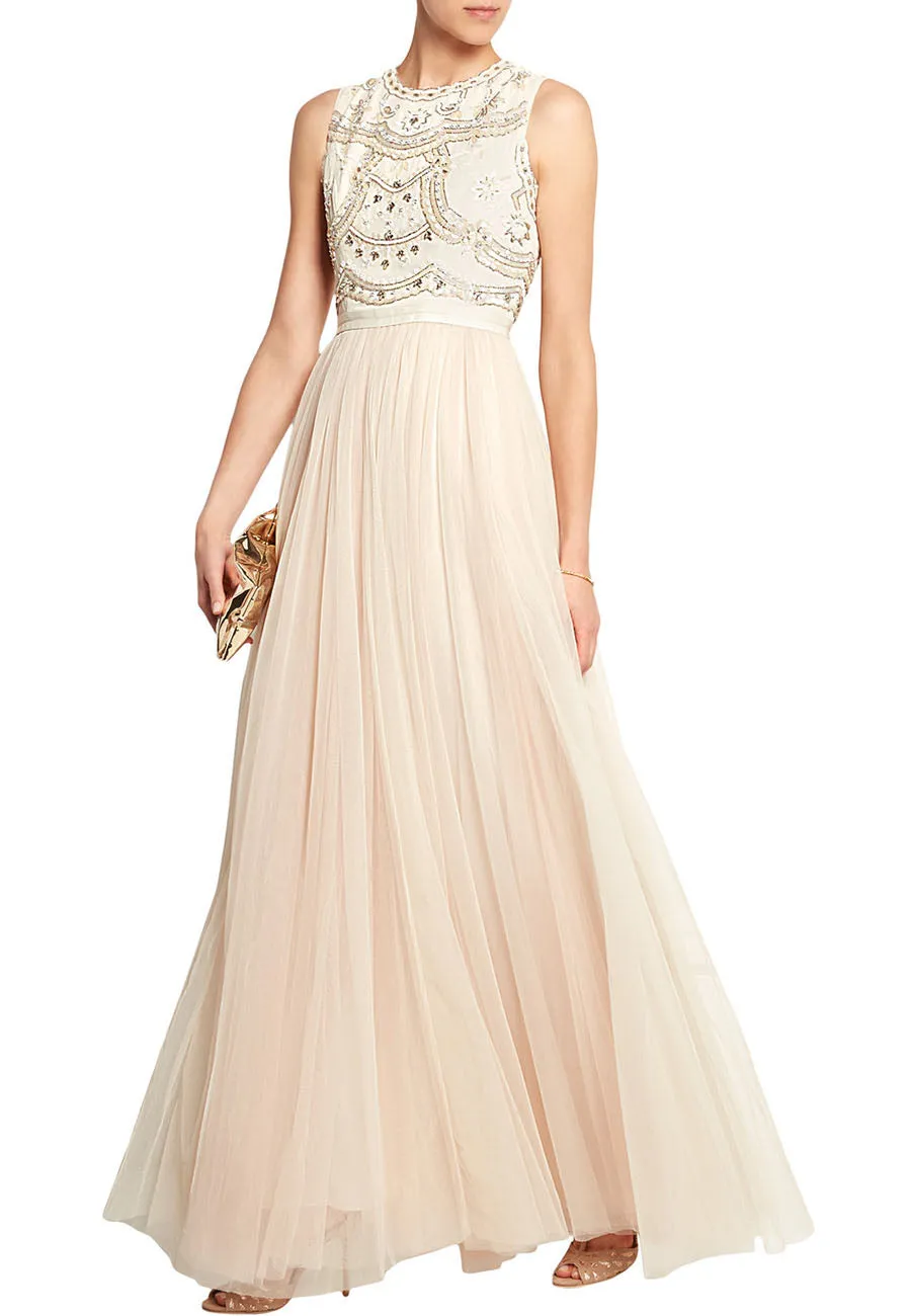 Ivory Sequins Embellished Tulle Gown (UK 6)