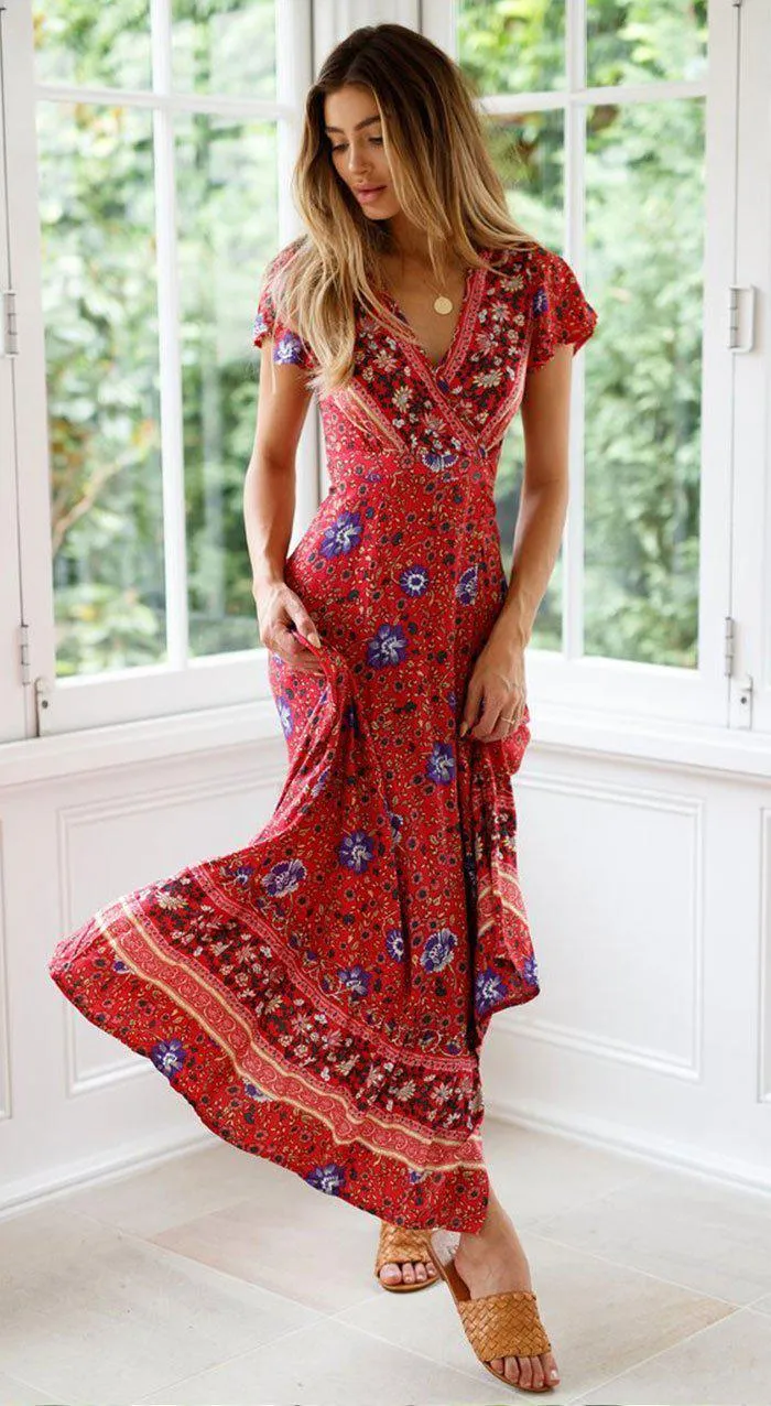 JuliaFashion - 2024 Short Sleeve Boho Floral High Split Maxi Dress