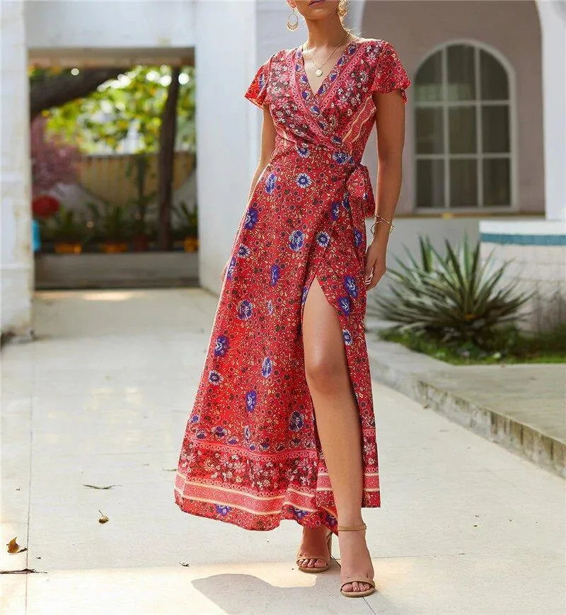 JuliaFashion - 2024 Short Sleeve Boho Floral High Split Maxi Dress