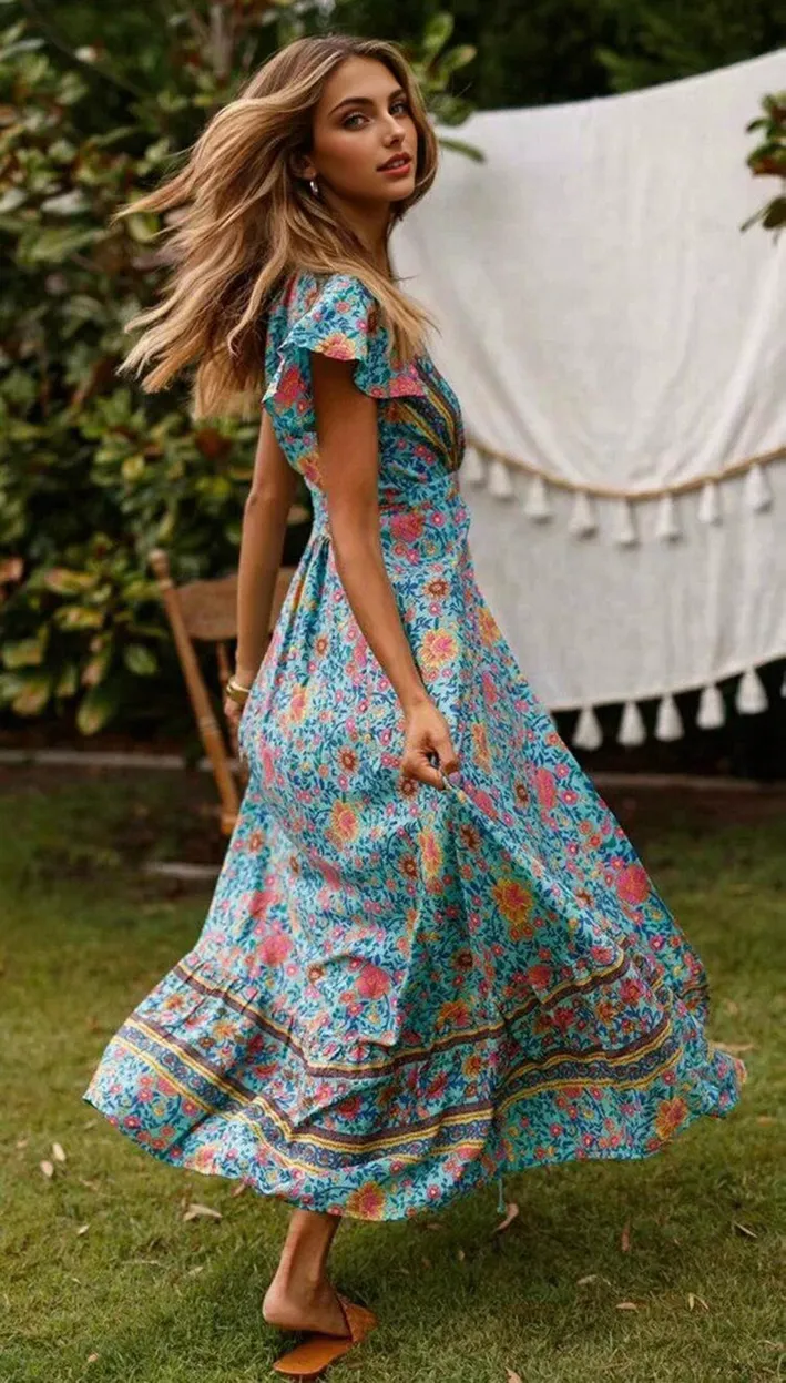 JuliaFashion - 2024 Short Sleeve Boho Floral High Split Maxi Dress